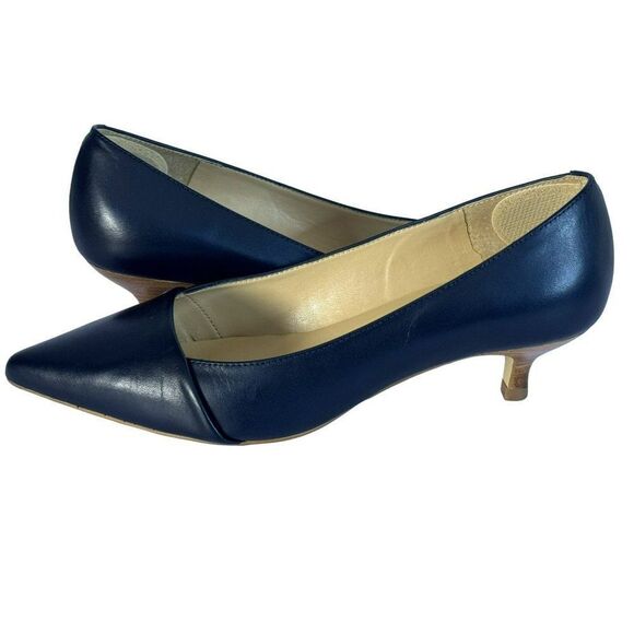 Talbots Indigo Leather Pointed Toe Woodtone Kitten Heel Pippa Vamp Wrap Shoes 6W - Picture 10 of 10